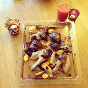 Roast chicken with prunes and bacon